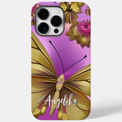 Pink Flowers Gold Butterflies Personalized Name Case_Mate iPhone 14 Pro Max Case