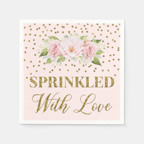 Pink Flowers Gold Confetti Sprinkled with Love Napkins