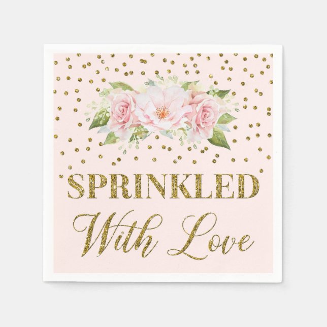 Pink Flowers Gold Confetti Sprinkled with Love Napkins (Front)