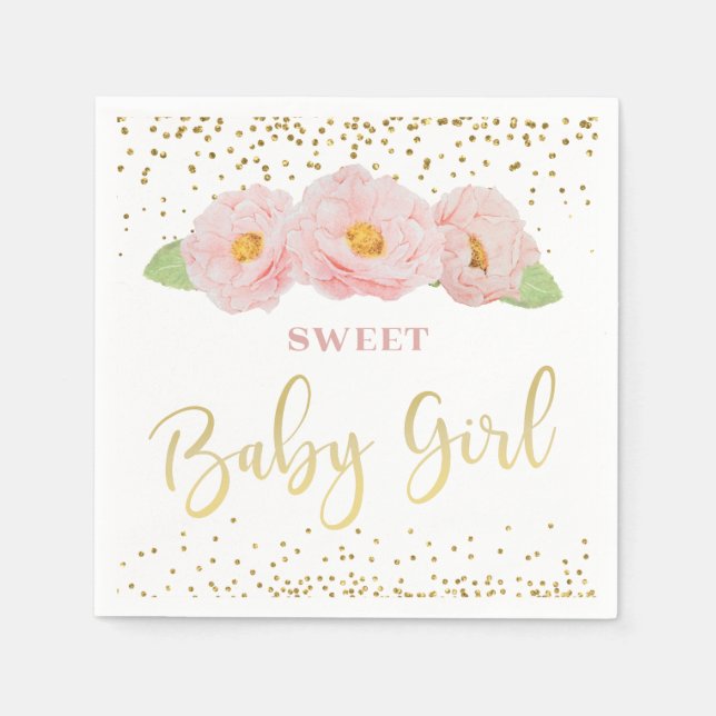Pink Flowers Gold Confetti Sweet Baby Girl Shower  Napkins (Front)