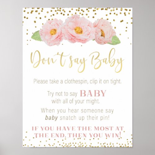 Pink Flowers Gold Dont Say Baby Shower Game Sign
