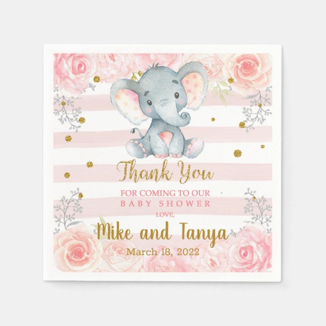Pink flowers & gold elephant baby shower napkins. napkins (Front)