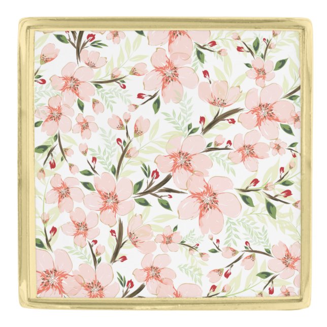 Pink flowers gold finish lapel pin (Front)