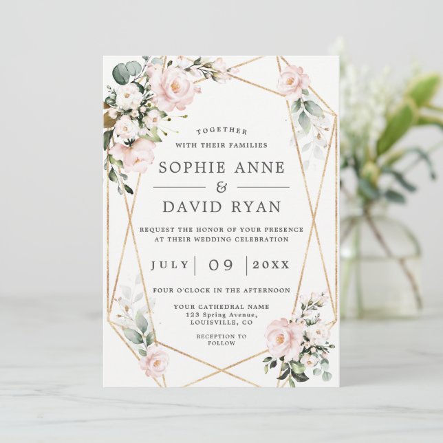 Pink Flowers Gold Frame All In One Wedding Invitation (Standing Front)