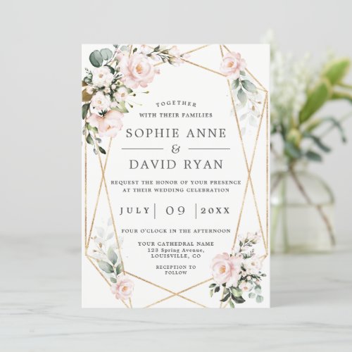 Pink Flowers Gold Frame All In One Wedding Invitation