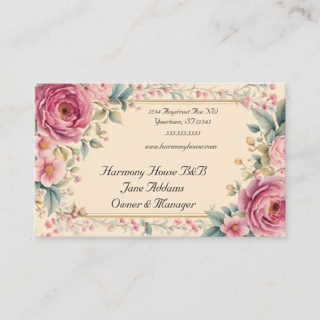 Pink Flowers Gold Frame B&B Business Card (Front)