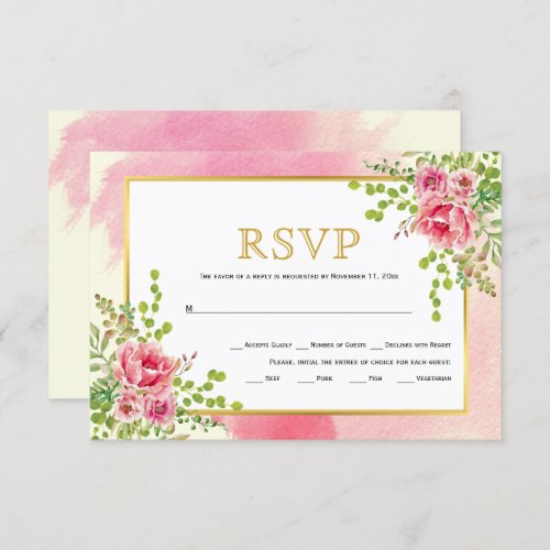 Pink flowers gold frame floral boho wedding RSVP card