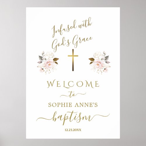 Pink Flowers Gold Girl Baptism Welcome Sign