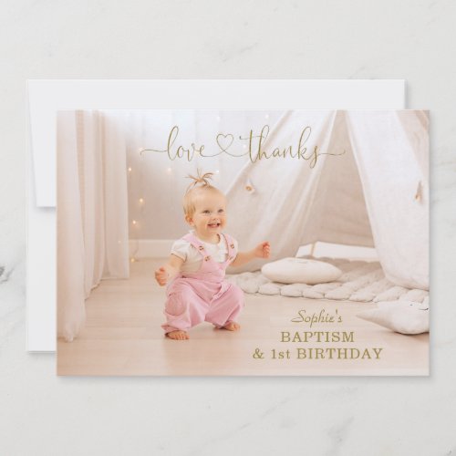 Pink Flowers Gold Girl Photo 1st Birthday Baptism Thank You Card