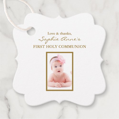 Pink Flowers Gold Girl Photo Holy Communion   Favor Tags