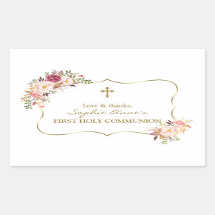 Pink Flowers Gold Girl Photo Holy Communion Rectangular Sticker