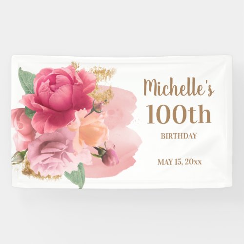 Pink Flowers Gold Glitter 100th Birthday Party  Banner