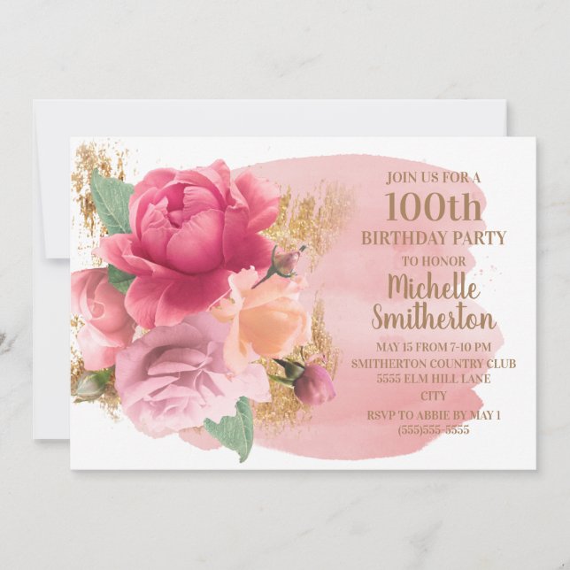 Pink Flowers Gold Glitter 100th Birthday Party Invitation (Front)