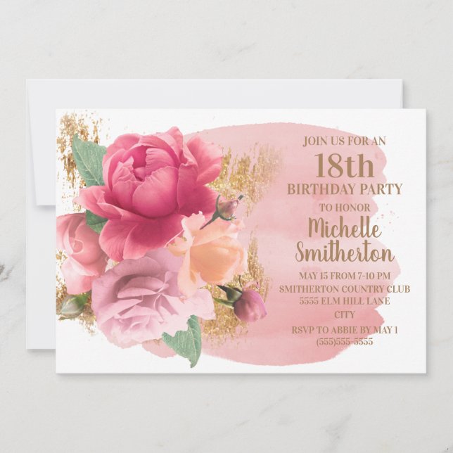 Pink Flowers Gold Glitter 18th Birthday Party Invitation (Front)