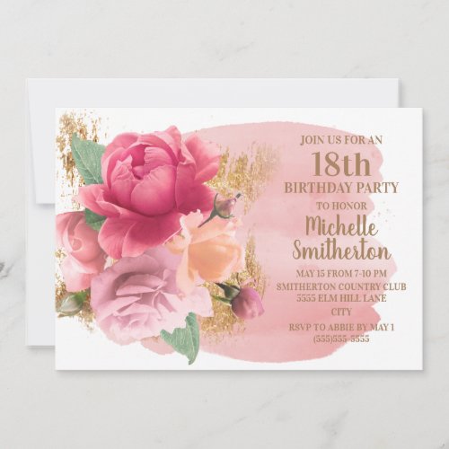 Pink Flowers Gold Glitter 18th Birthday Party Invitation