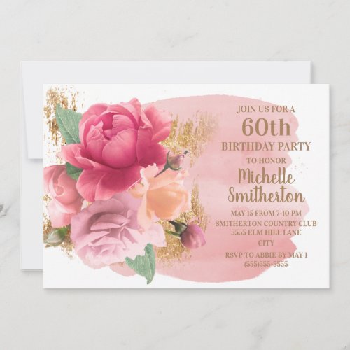 Pink Flowers Gold Glitter 60th Birthday Party Invitation