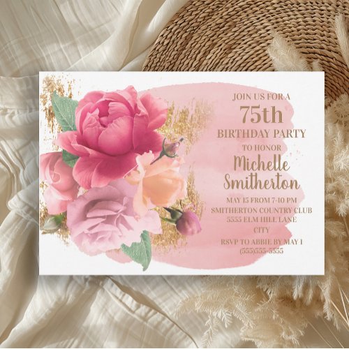 Pink Flowers Gold Glitter 75th Birthday Party Invitation