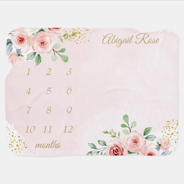 Pink Flowers Gold Glitter Baby Milestone Blanket (Horizontal)