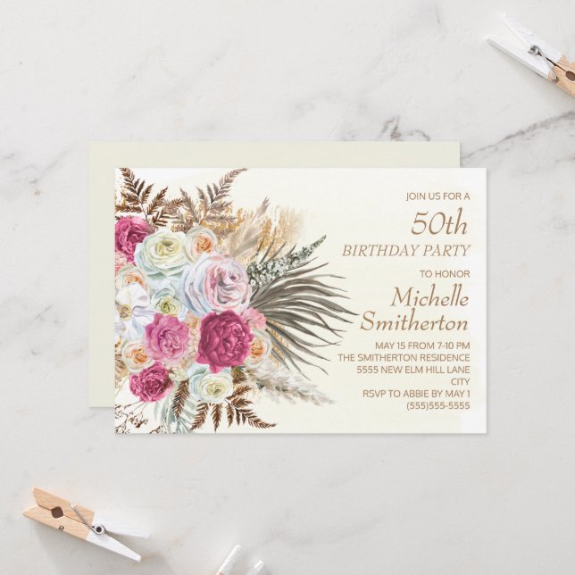 Pink Flowers Gold Glitter Cream 50th Birthday Invitation (Front/Back In Situ)