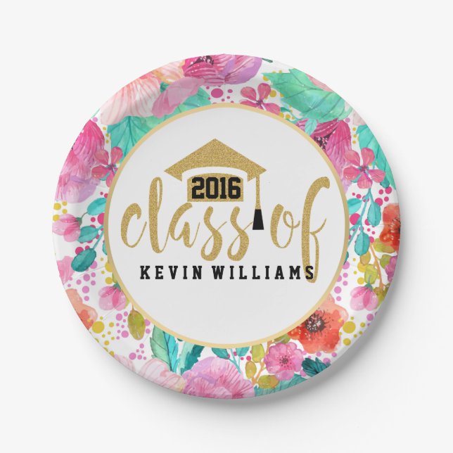 Pink Flowers & Gold Glitter Text Class of 2016 Paper Plates (Front)
