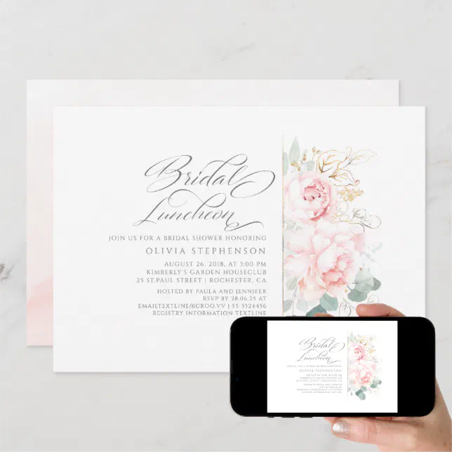 Pink Flowers Gold Greenery Bridal Shower Luncheon Invitation Zazzle