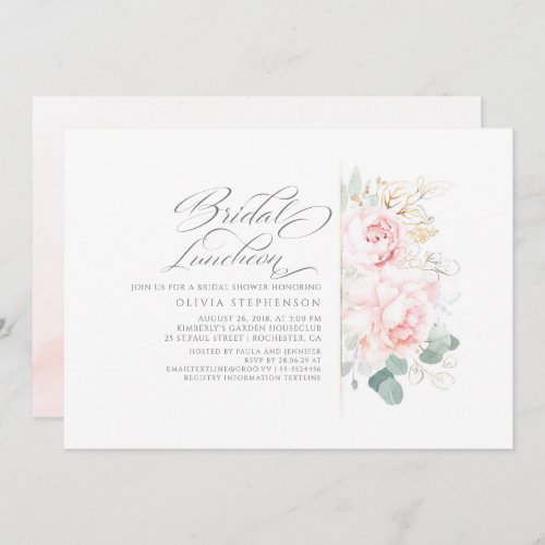 Pink Flowers Gold Greenery Bridal Shower Luncheon Invitation