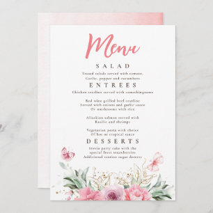 Pink Flowers Gold Greenery Butterflies Party Menu Invitation