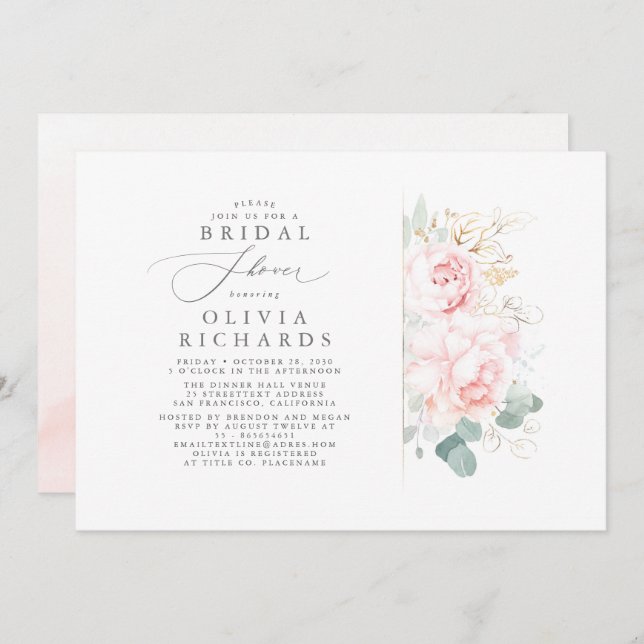 Pink Flowers Gold Leaves Elegant Bridal Shower Invitation (Front/Back)