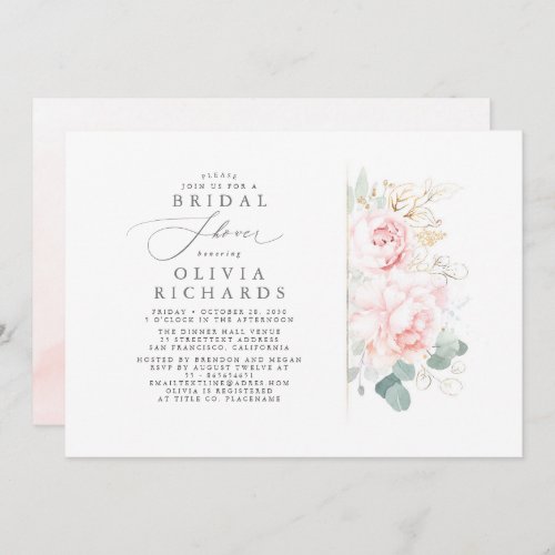 Pink Flowers Gold Leaves Elegant Bridal Shower Invitation