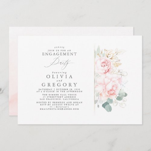 Pink Flowers Gold Leaves Elegant Engagement Party Invitation
