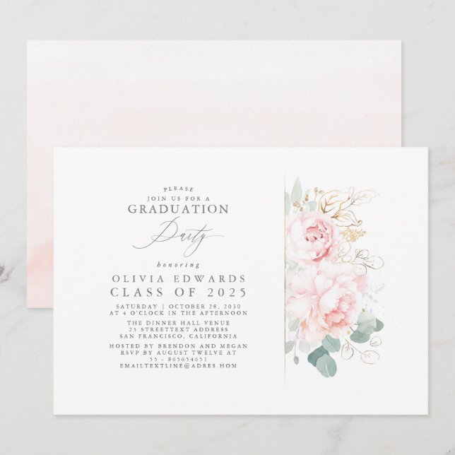 Pink Flowers Gold Leaves Elegant Graduation Party Invitation (Front/Back)