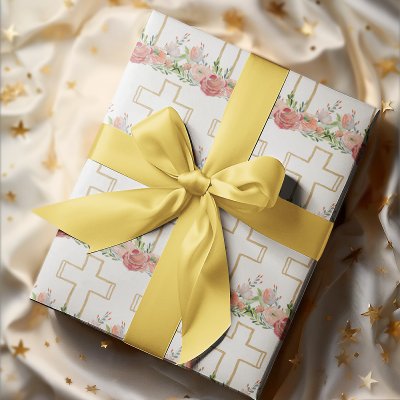 Pink Flowers Gold Religious Cross Easter Wrapping Paper