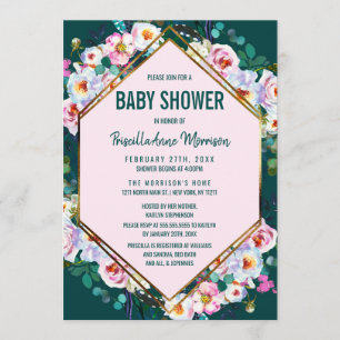 Pink Flowers Gold Trim Emerald Jade Baby Shower Invitation
