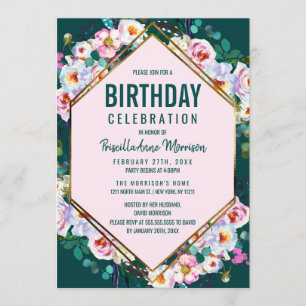 Pink Flowers Gold Trim Emerald Jade Birthday Invitation