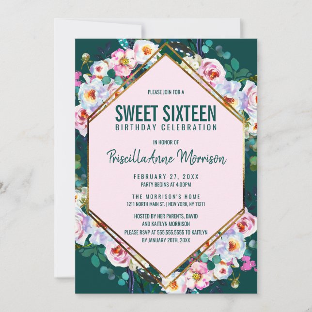 Pink Flowers Gold Trim Emerald Jade Sweet 16 Invitation (Front)