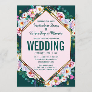 Pink Flowers Gold Trim Emerald Jade Wedding Invitation