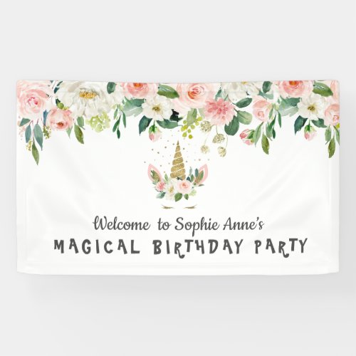 Pink Flowers Gold Unicorn Birthday Welcome Banner