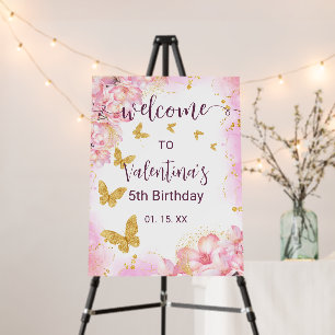 Pink Flowers Golden Butterflies Party Welcome Foam Board