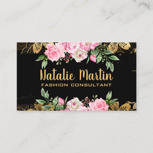 Pink Flowers | Golden Floral Pattern Business Card (Front)