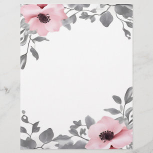 Pink Flowers Gray Accents Stationery Paper