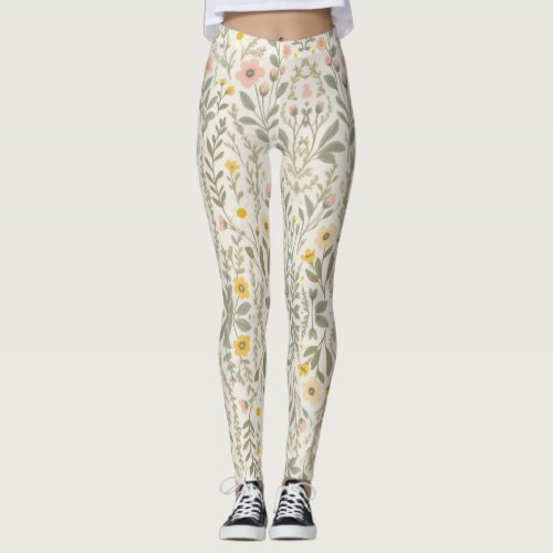 Pink FLowers Gray Green Leaves Leggings