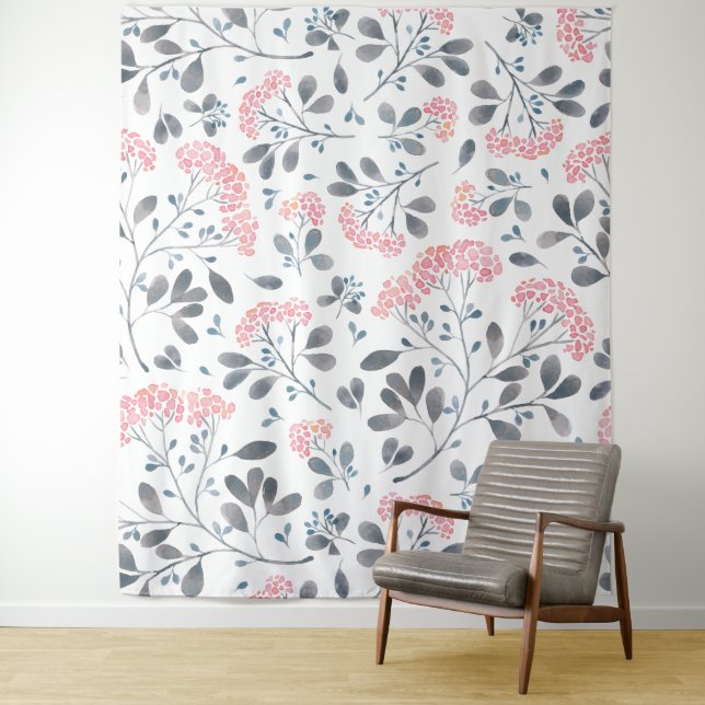 Pink Flowers Gray Leafs Pattern Girly Design Tapestry (In Situ)