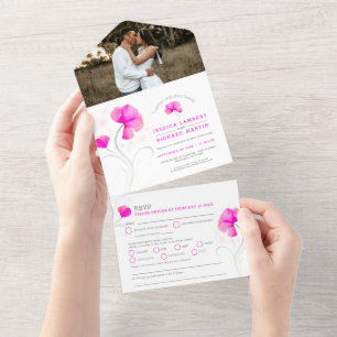 Pink flowers gray swirl watercolor wedding photo all in one invitation