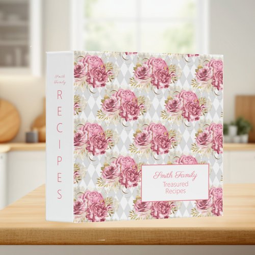 Pink Flowers Gray White Diamond Harlequin Recipe 3 Ring Binder