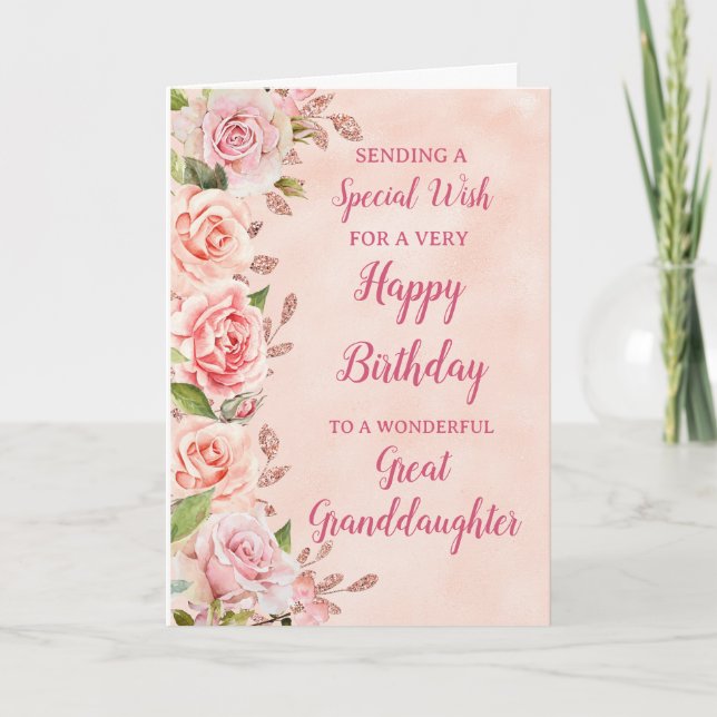 Pink Flowers Great Granddaughter Birthday Card (Front)