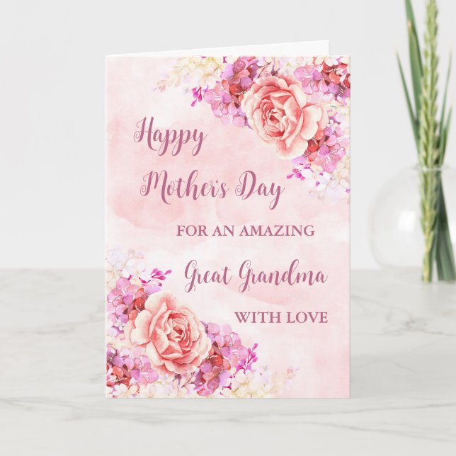 Pink Flowers Great Grandma Happy Mother's Day Card (Front)