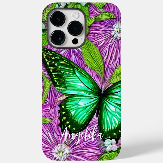 Pink Flowers Green Butterfly | Personalized Name Case-Mate iPhone Case (Back)