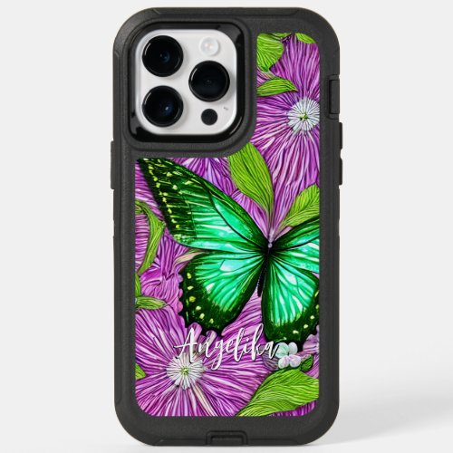 Pink Flowers Green Butterfly  Personalized Name OtterBox iPhone 14 Pro Max Case