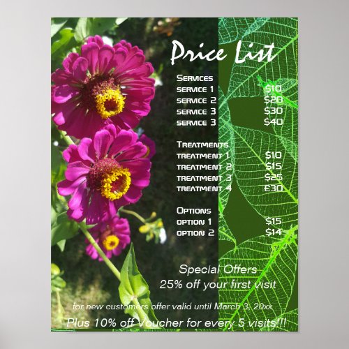 Pink flowers green holistic health price list post poster