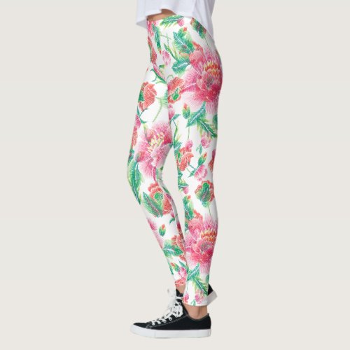 Pink Flowers Green Leafs Pattern Leggings